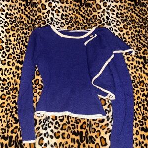 Elegant Purple and Cream Ruffled Sweater with Gold Buttons